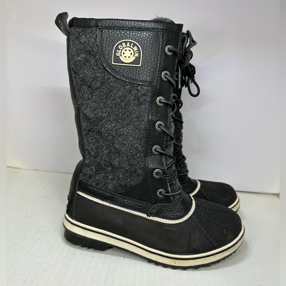 Global Win Mid Calf Black and Gray Winter Boots Womens 6.5 Faux Lambswool Lined
